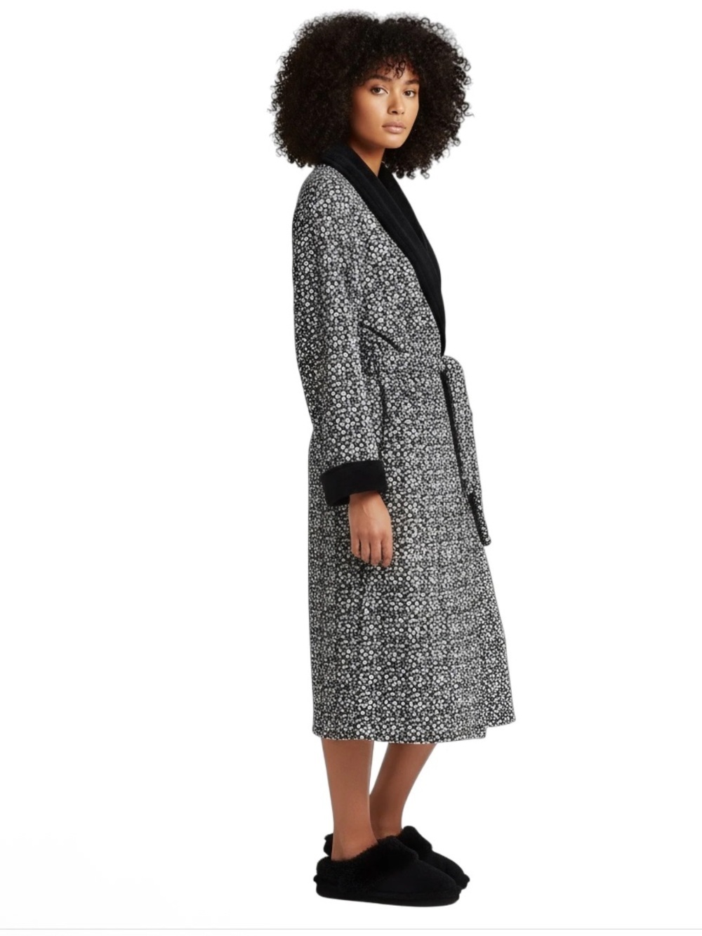 UGG DUFFIELD II BLACK GREY MICRO LEOPARD ROBE - WOMEN'S SIZE S